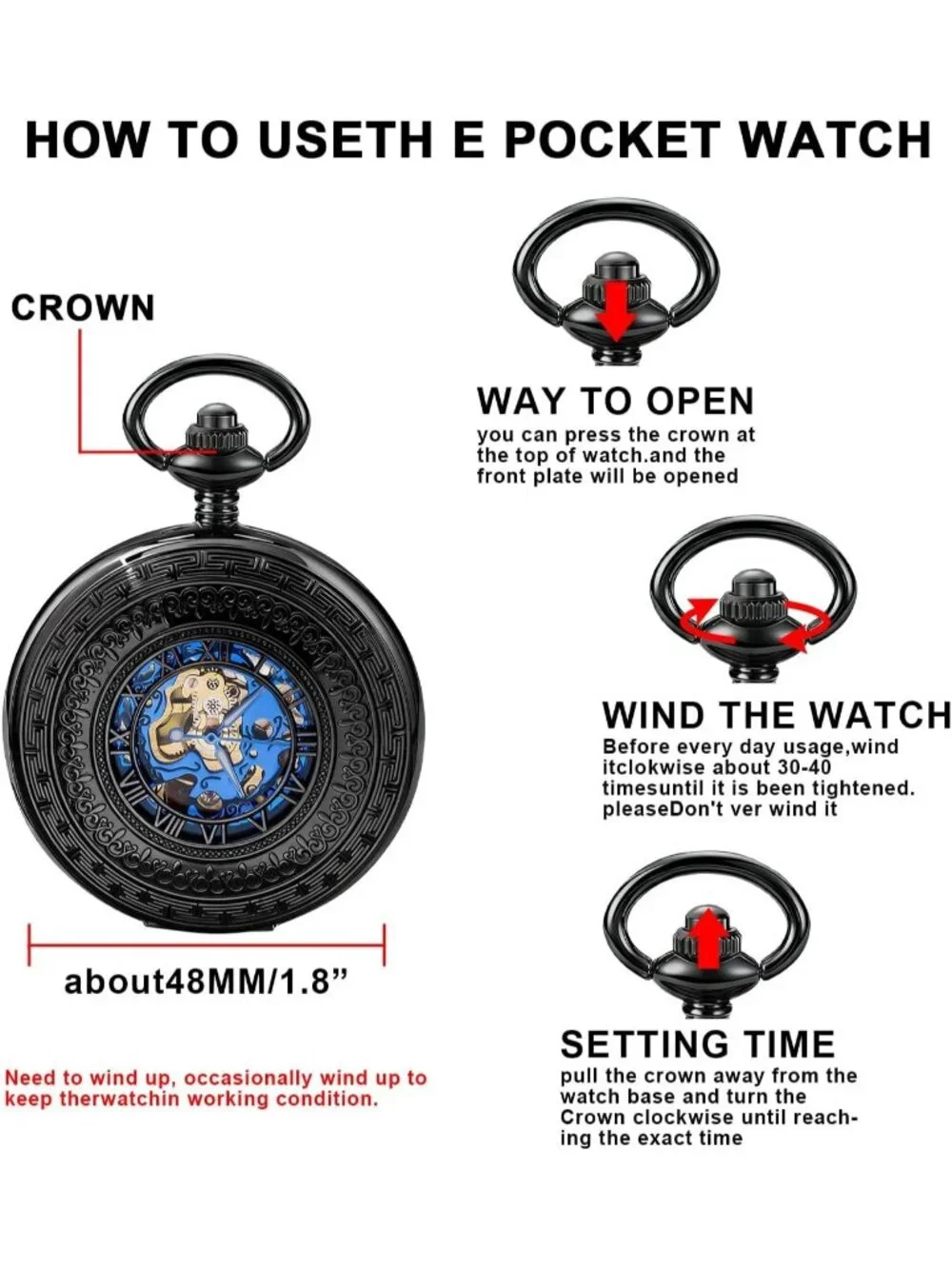 Men's Black Vintage Style Hollow-Out Round Gear Arabic Mechanical Pocket Watch